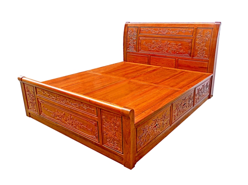Rosewood Furniture Range  - ffbedp4d - queen size bed full peony carved w/4 drawers