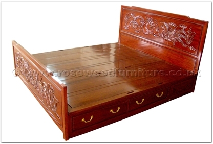 Rosewood Furniture Range  - ffdpbed - King size bed dragon and phoenix design - 4 drawers